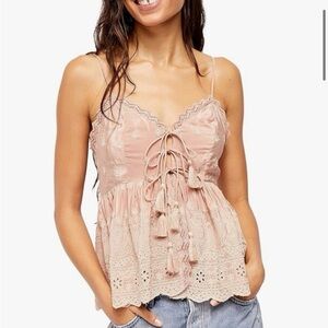 NWOT FREE PEOPLE Intimately Embroidered Cami Top Jenna Tank Pink Lace Up White S